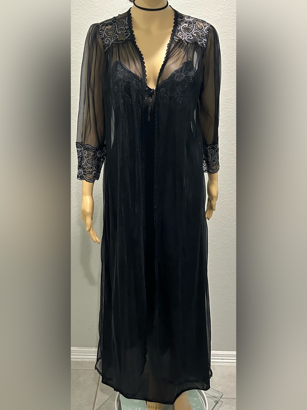 Sheer Black Lace-Trim Long Robe & nightgown set - Women Intimates